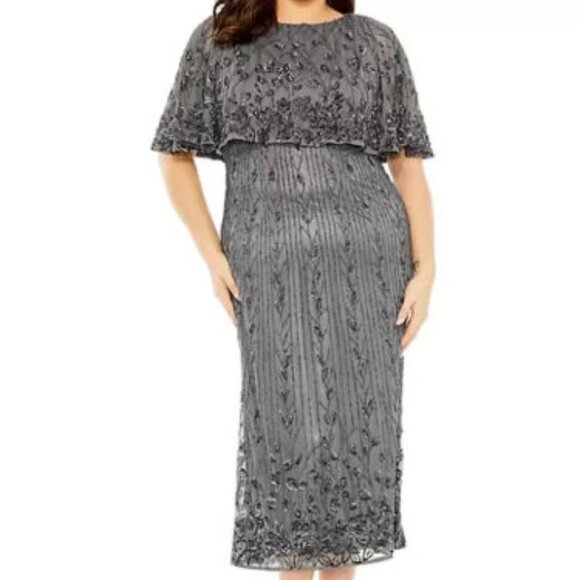 Mac Duggal Pewter Beaded Popover Cape Cocktail Midi Dress